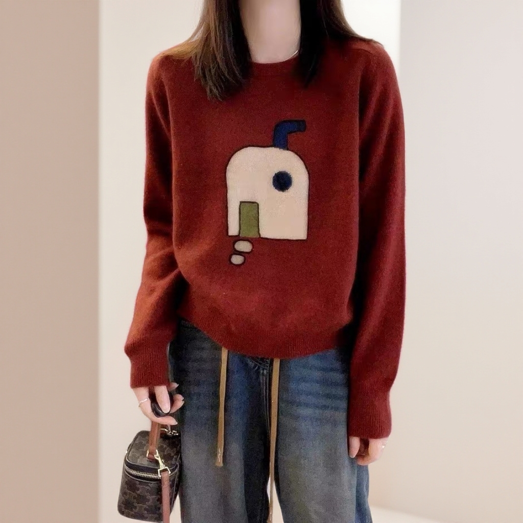 欧洲站25冬季新款女加厚圆领卡通图案宽松针织打底毛衣168网红