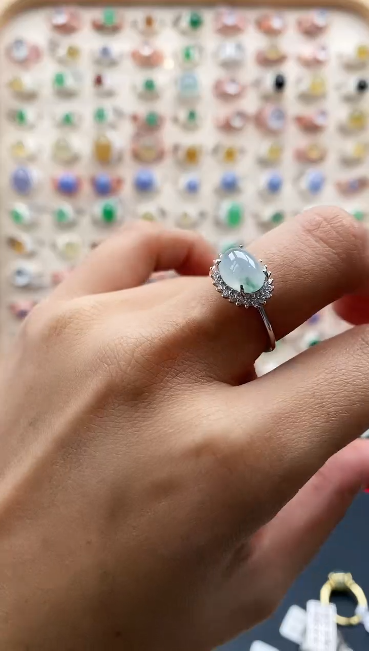 【闪购商品】翡翠戒指银S925镶嵌缅甸天然A货翡翠111 1+6