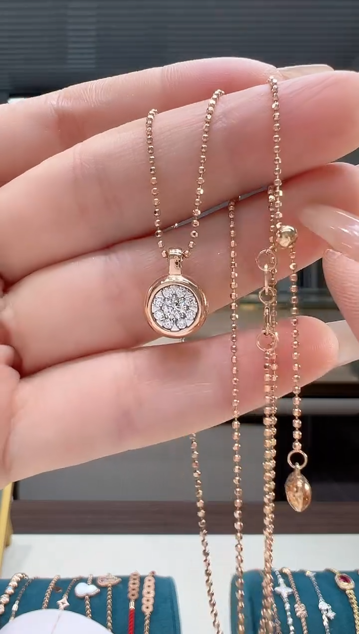 【闪购商品】钻石颈饰18K金镶嵌钻石泡泡吊坠+50豆豆链