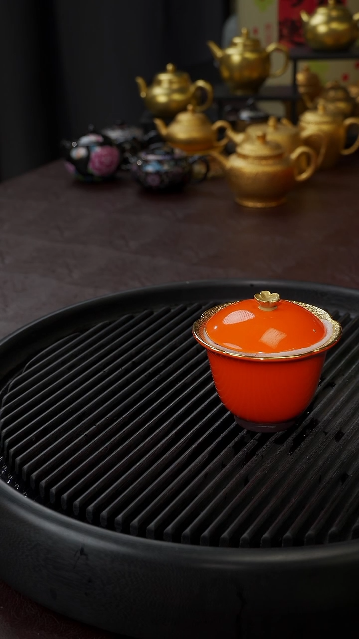 【闪购商品】杯【宜景窑爱马仕橙鎏金】梅花盖碗