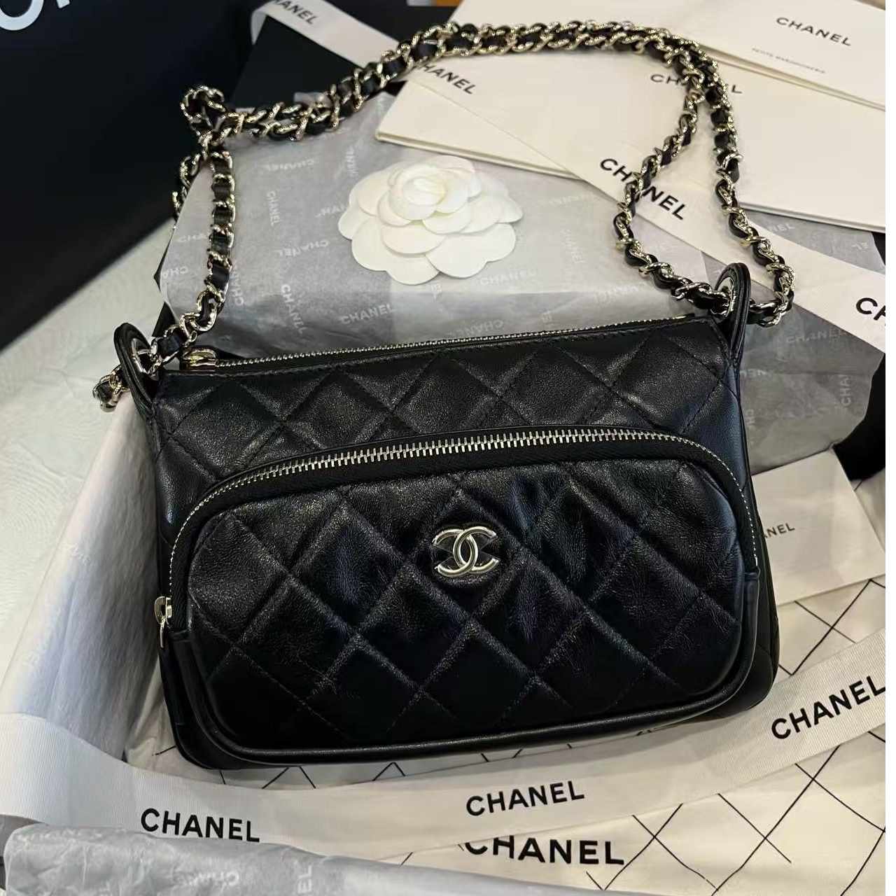 95新 Chanel/香奈儿 GGS25c相机包中号黑金羊皮芯片款/80786305