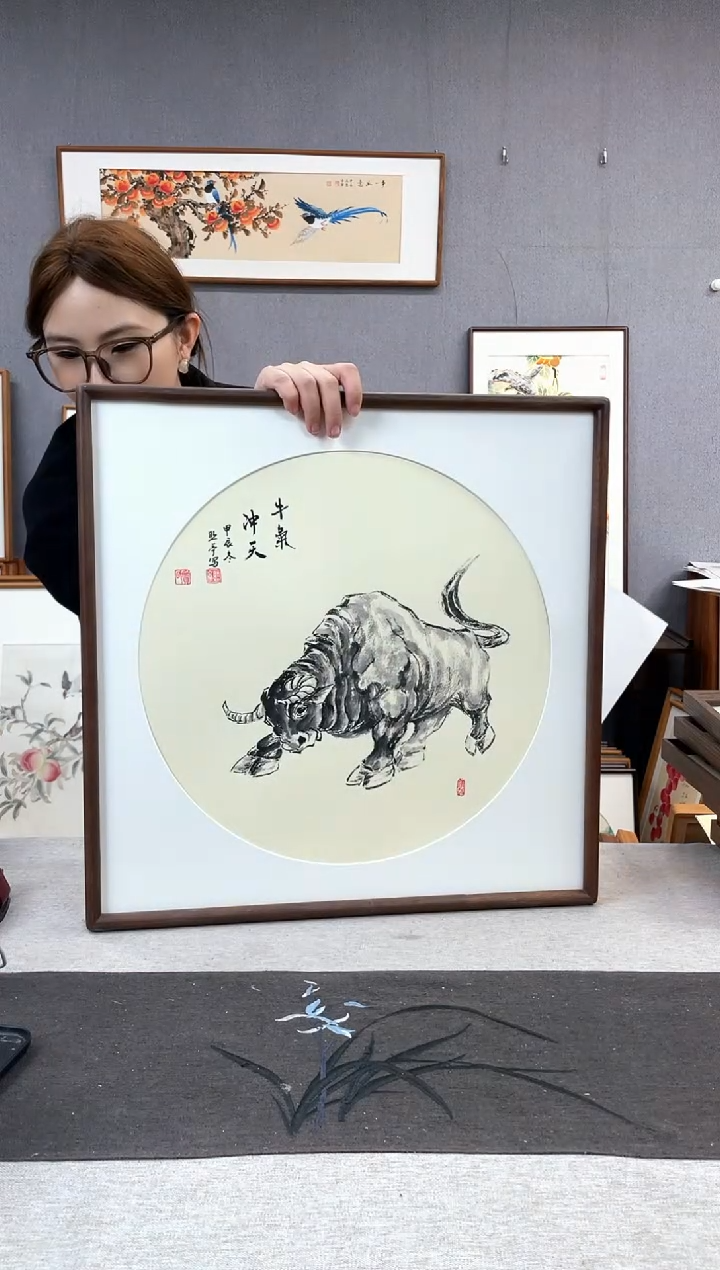 【闪购商品】国画贺照亭-纯手绘带框作品-52*52-牛