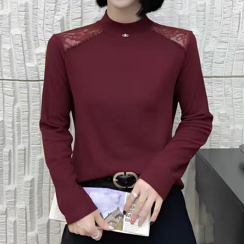 2025秋冬新款时尚蕾丝拼接打底衫百搭T恤长袖显瘦女上衣3567长57