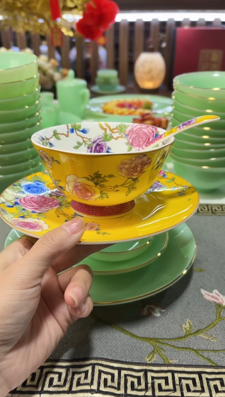 珐琅 三件套碟碗勺6套景德镇陶瓷