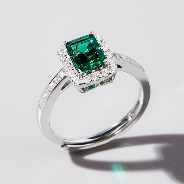 925银戒指 S925银培育祖母绿戒指气质轻奢时尚百搭绿色复古