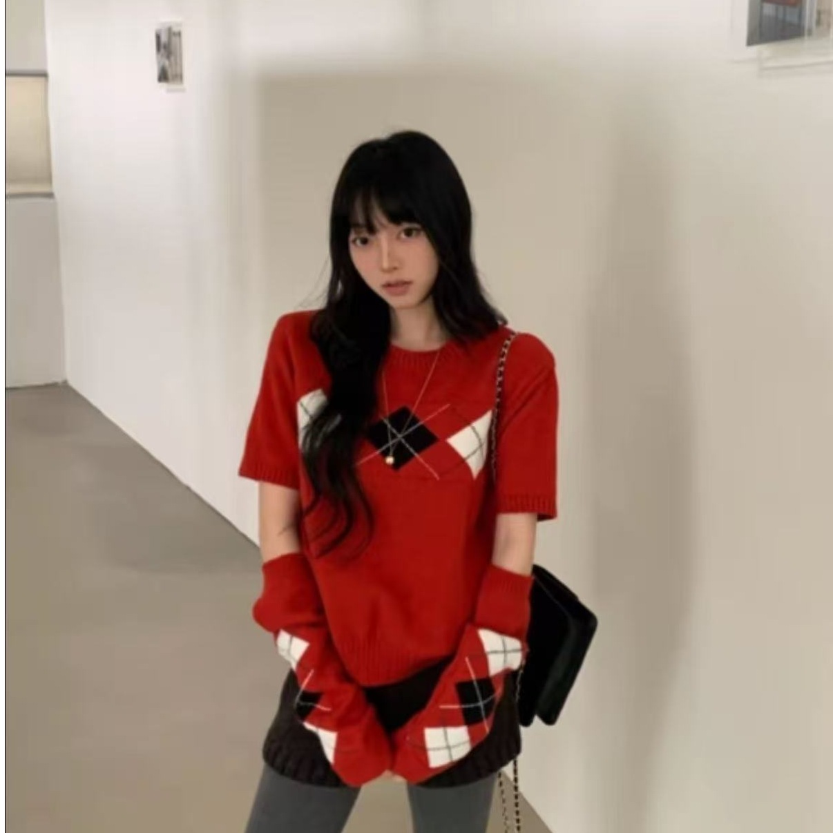 【卫掌柜】韩系复古菱格设计感圆领短袖毛衣配同色袖套