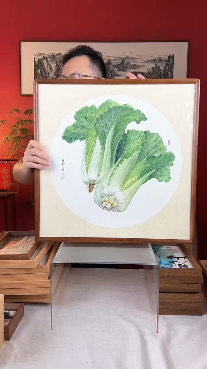 【闪购商品】国画百财图纯手绘国画53*53实木画框