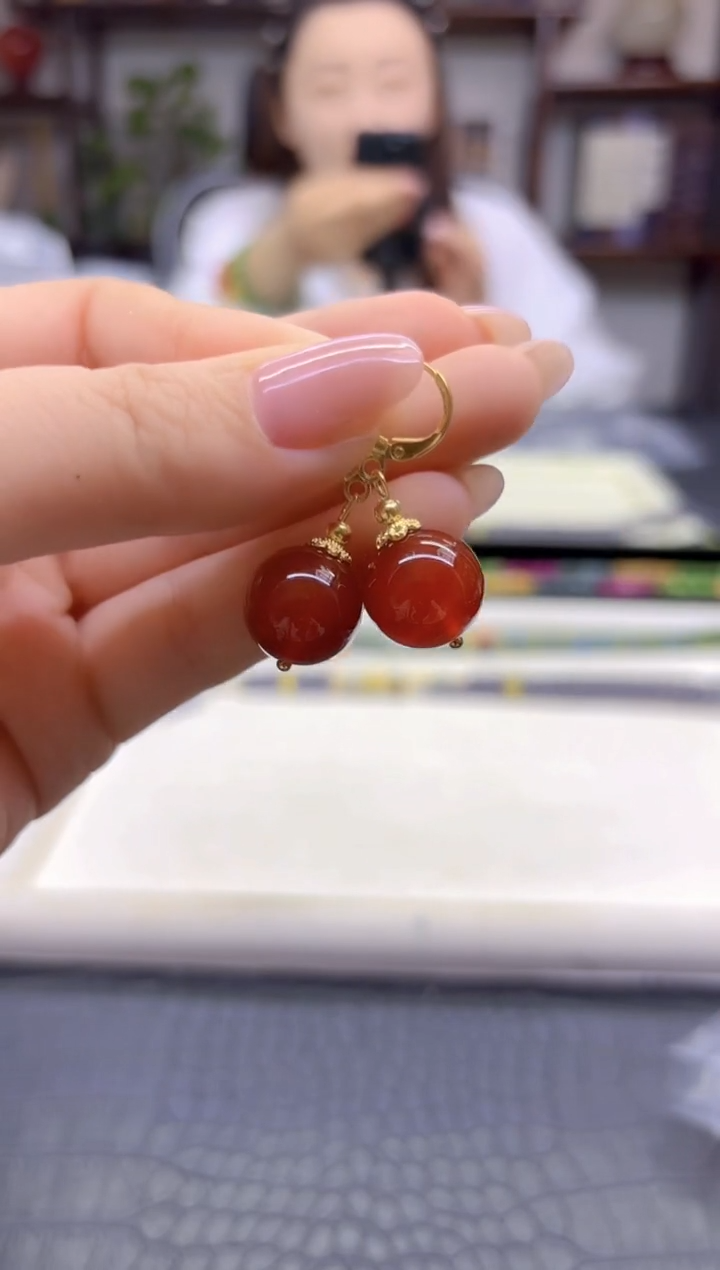 14K金镶嵌南红玛瑙耳饰DIY款E950
