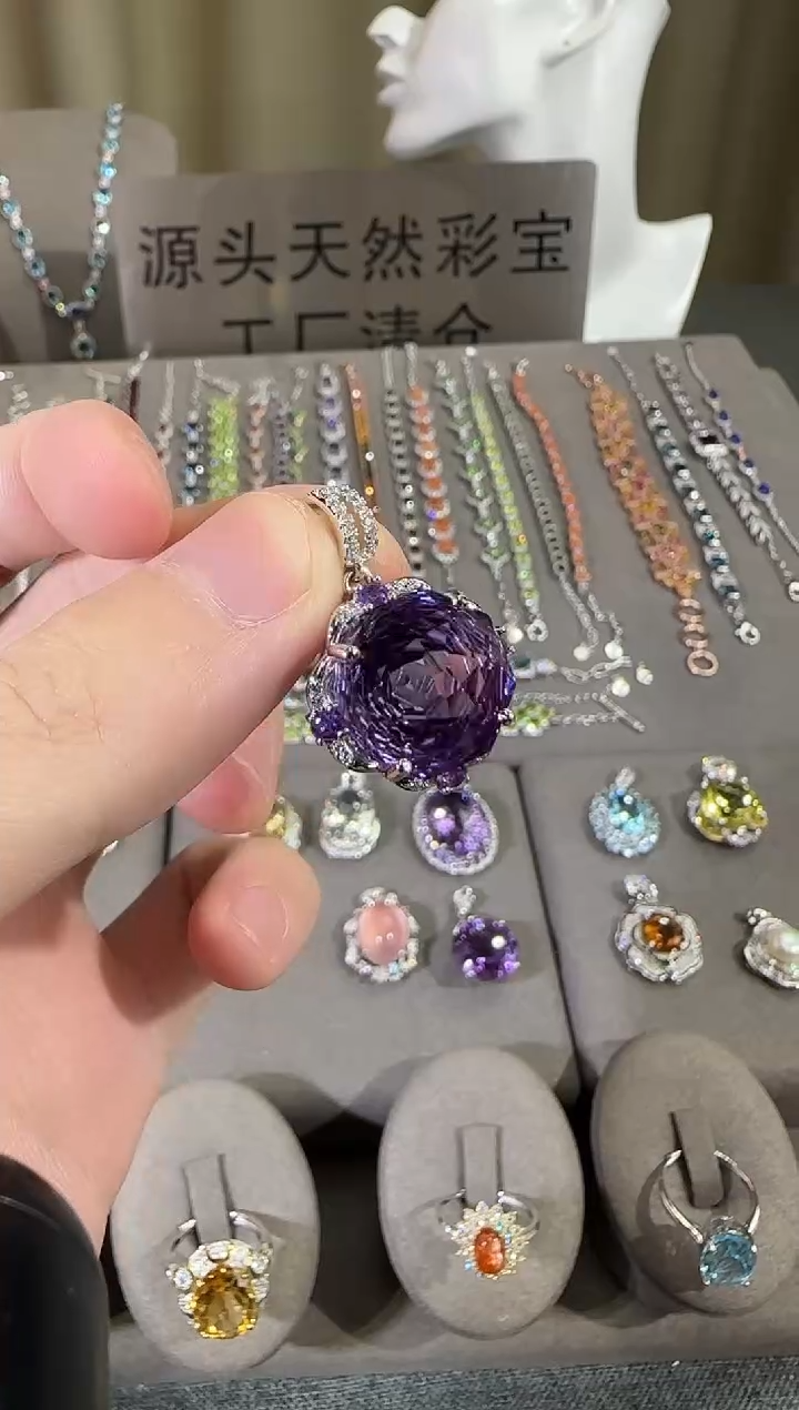 颈饰银S925镶嵌紫晶14mm玫瑰款吊坠