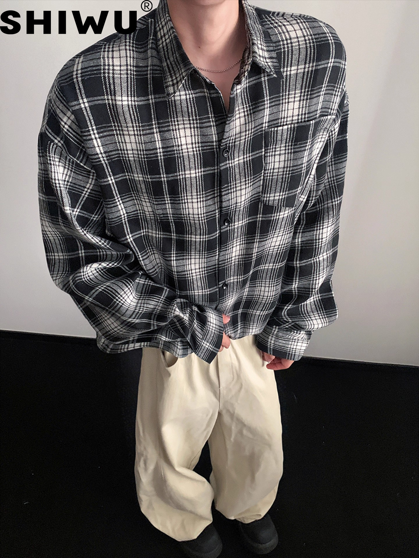 林俊杰同款港风口袋拼接格纹秋季外套男痞帅大码上衣女复古情侣款