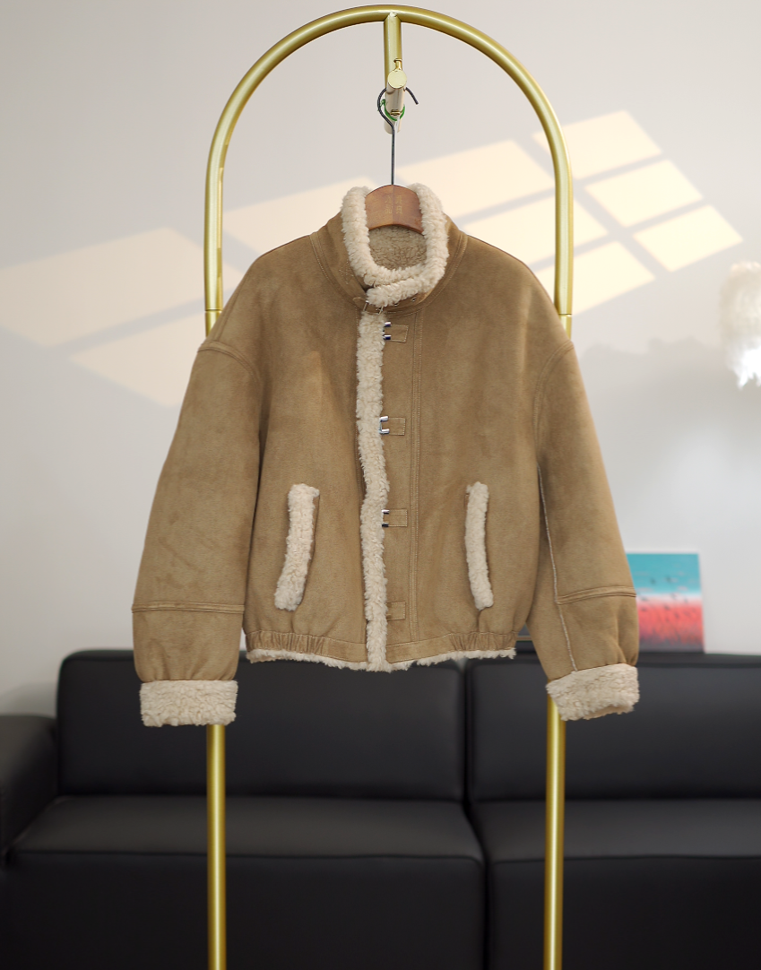 海宁女装鹿皮绒双面双穿羊羔绒短款外套A