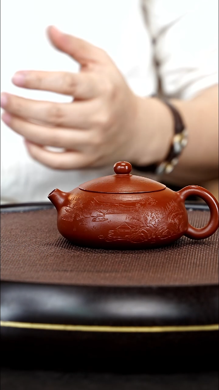 茶壶紫砂本砂堂紫砂作品50：扁西施壶  赵庄朱泥220CC