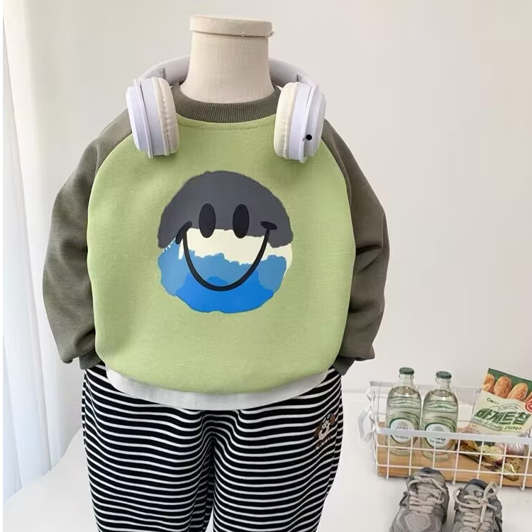 男童笑脸卫衣2025春秋新款儿童插肩撞色休闲上衣中小童洋气套头衫