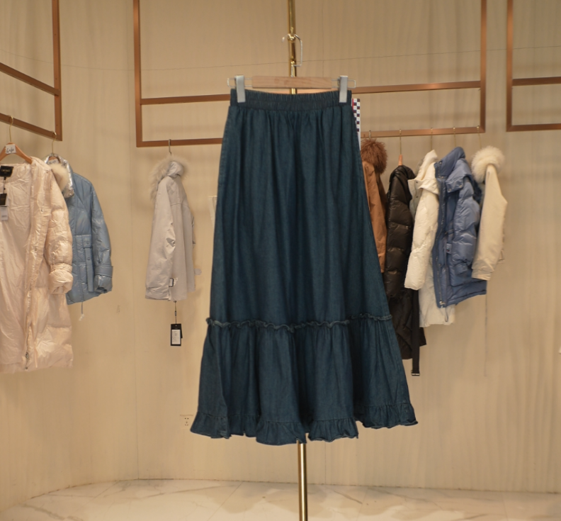 E042 E系列木耳边下摆中长款松紧腰牛仔半身裙 B0012