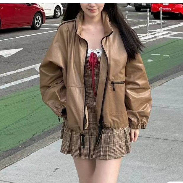 99新 LouisVuitton/路易威登 秀款卡其色拼老花图文皮外套34码