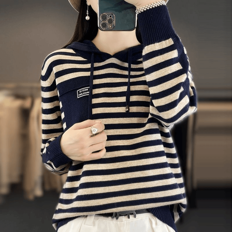 【100%好毛衫】2025爆款条纹针织衫时尚大码洋气连帽打底衫毛衣女
