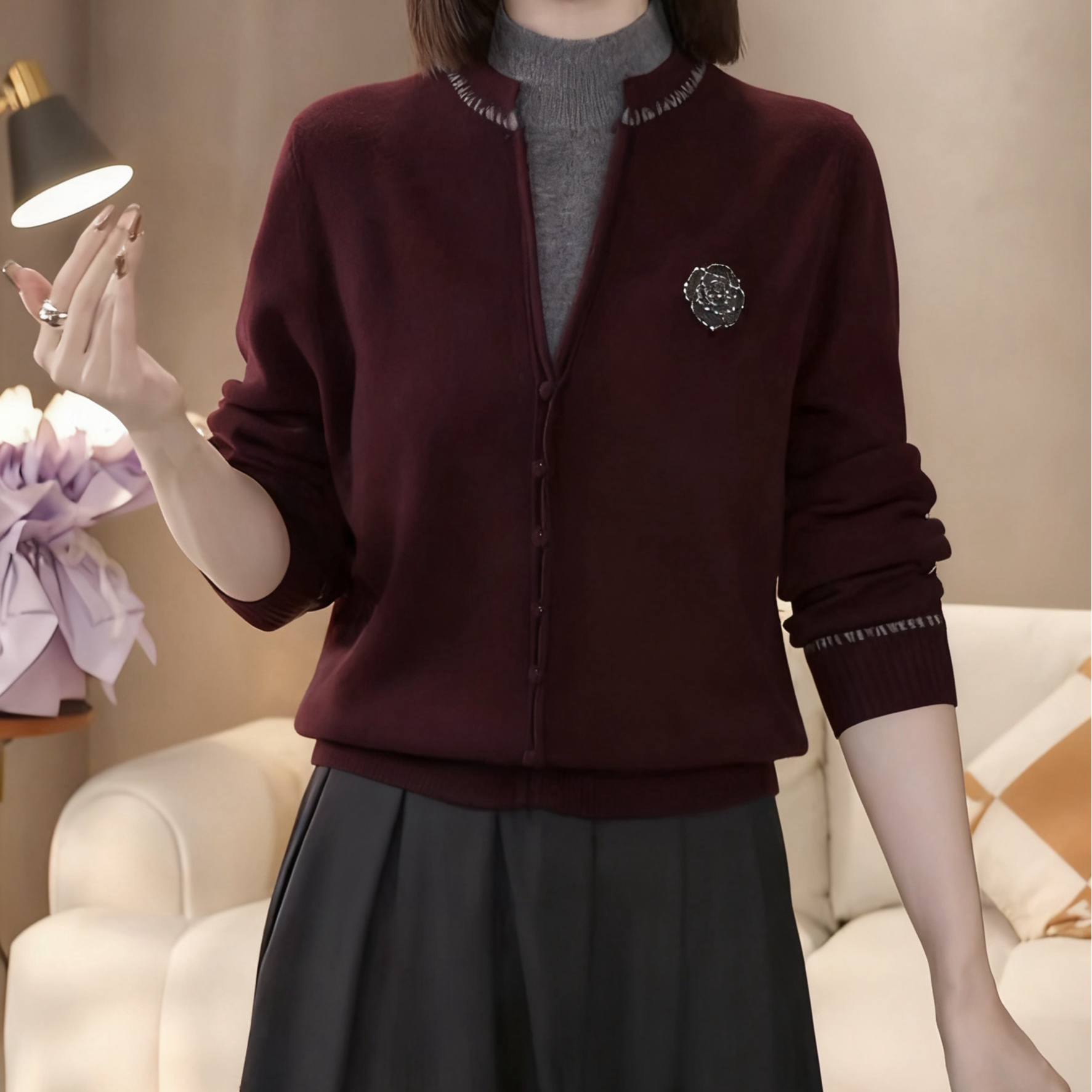 韩版撞色V领假两件针织衫女2025冬季新款设计感宽松显瘦减龄上衣