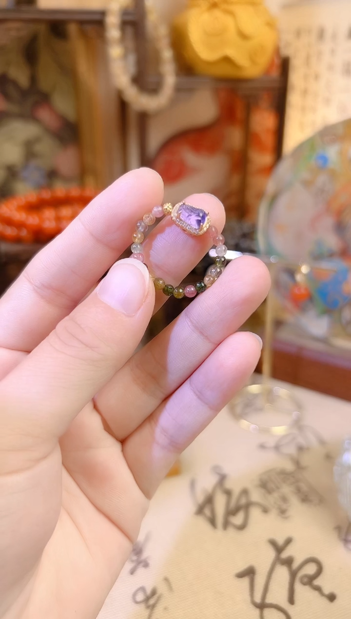 银S925镶嵌戒指碧玺碧玺紫水晶貔貅戒指