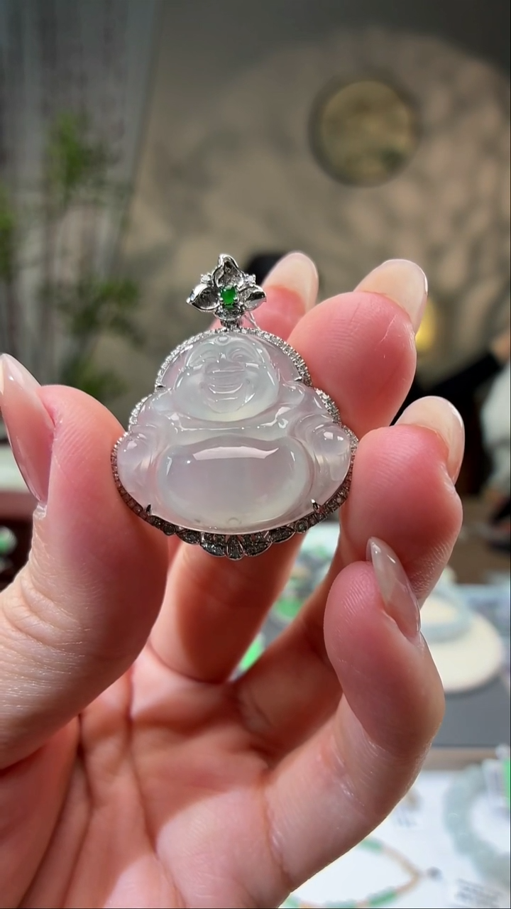 吊坠(不含链)18K金镶嵌翡翠招**猫佛公