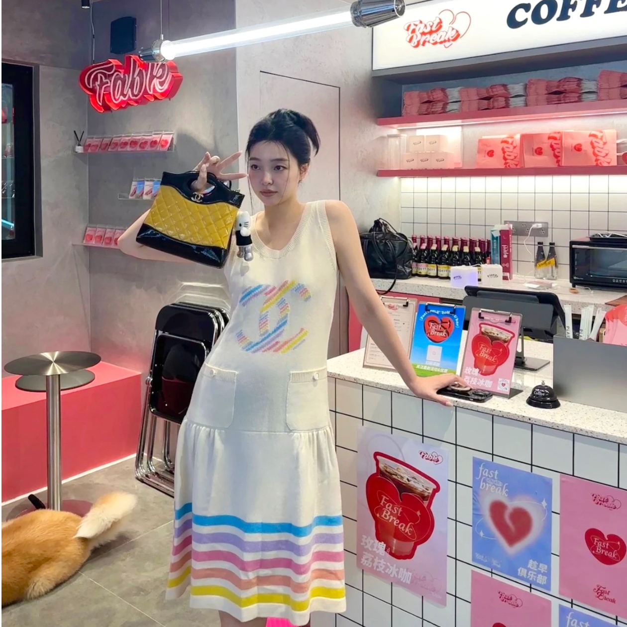 未使用 Chanel/香奈儿 Chanel 针织吊带徽标连衣裙 米白36