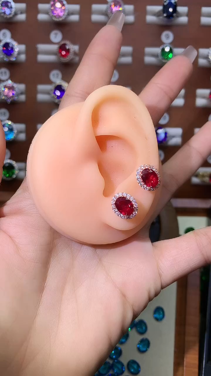 银S925镶嵌耳饰红宝石68酒红玫瑰金