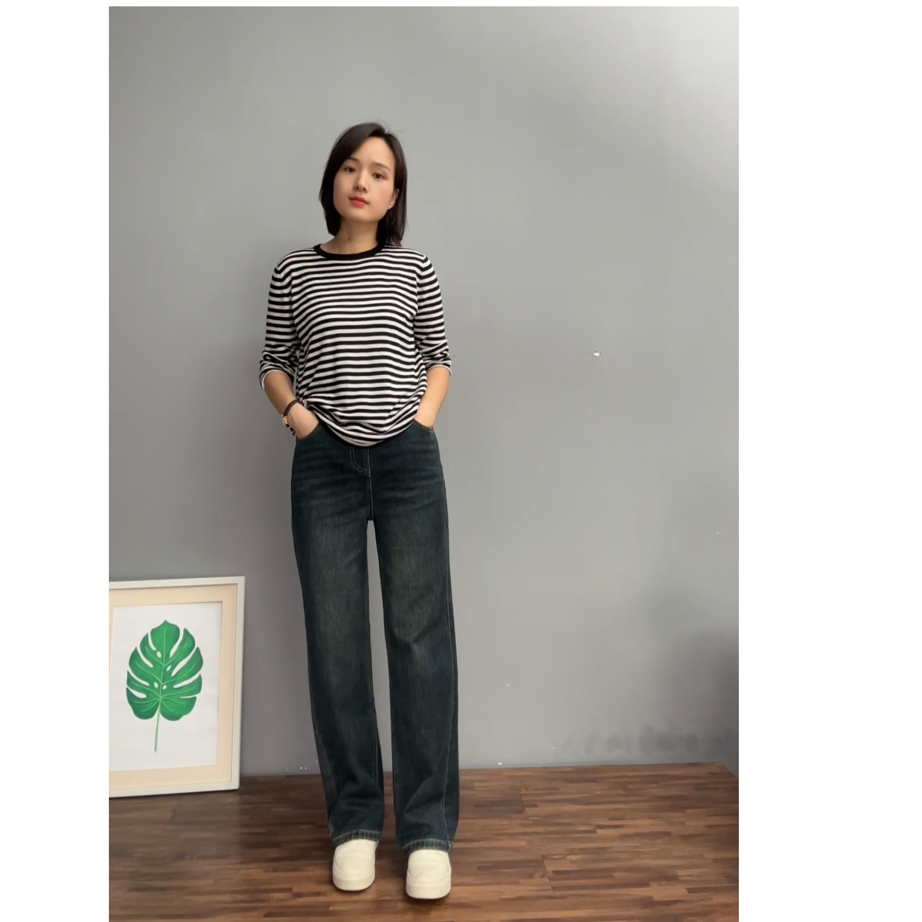 6607春秋款松紧高腰窄版直筒阔腿裤显瘦宽松面料柔软弹力牛仔裤