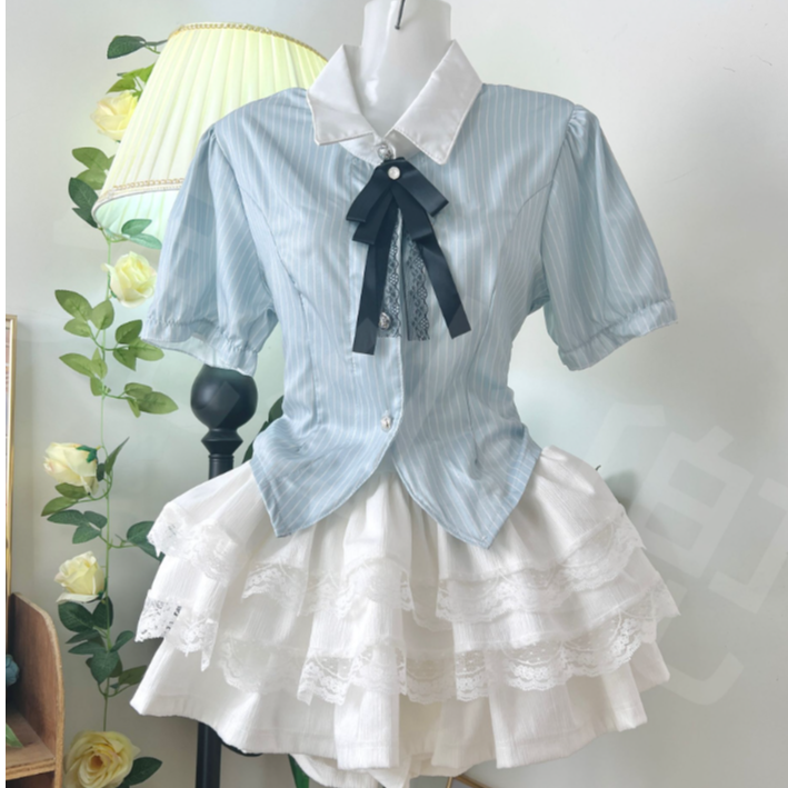 【兜小兜原创】蓝礼服甜妹蕾丝边假两件修身显瘦衬衣蕾丝蓬裙Lolita
