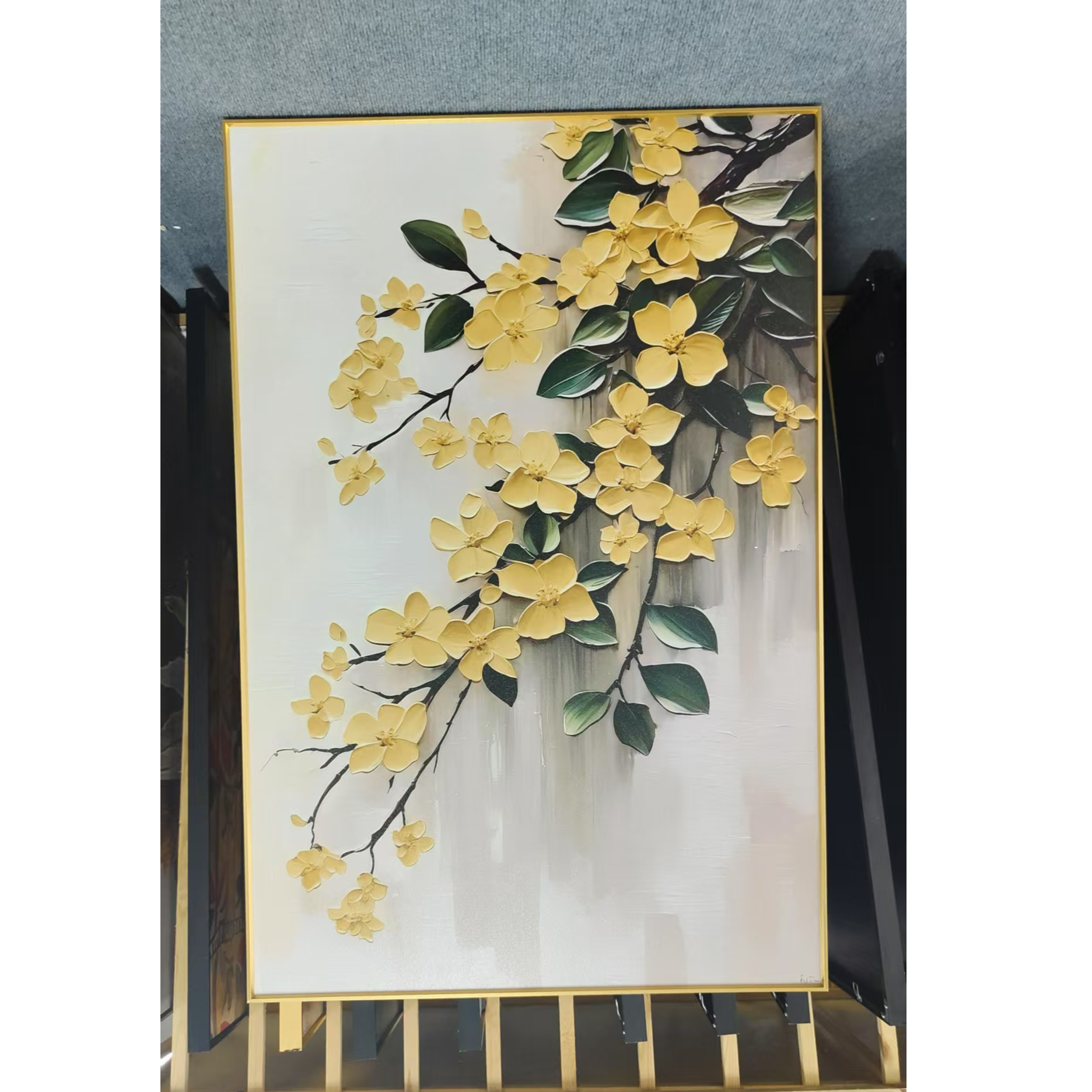 黄色杏花现代简约玄关肌理金沙装饰画花卉客厅挂画180120