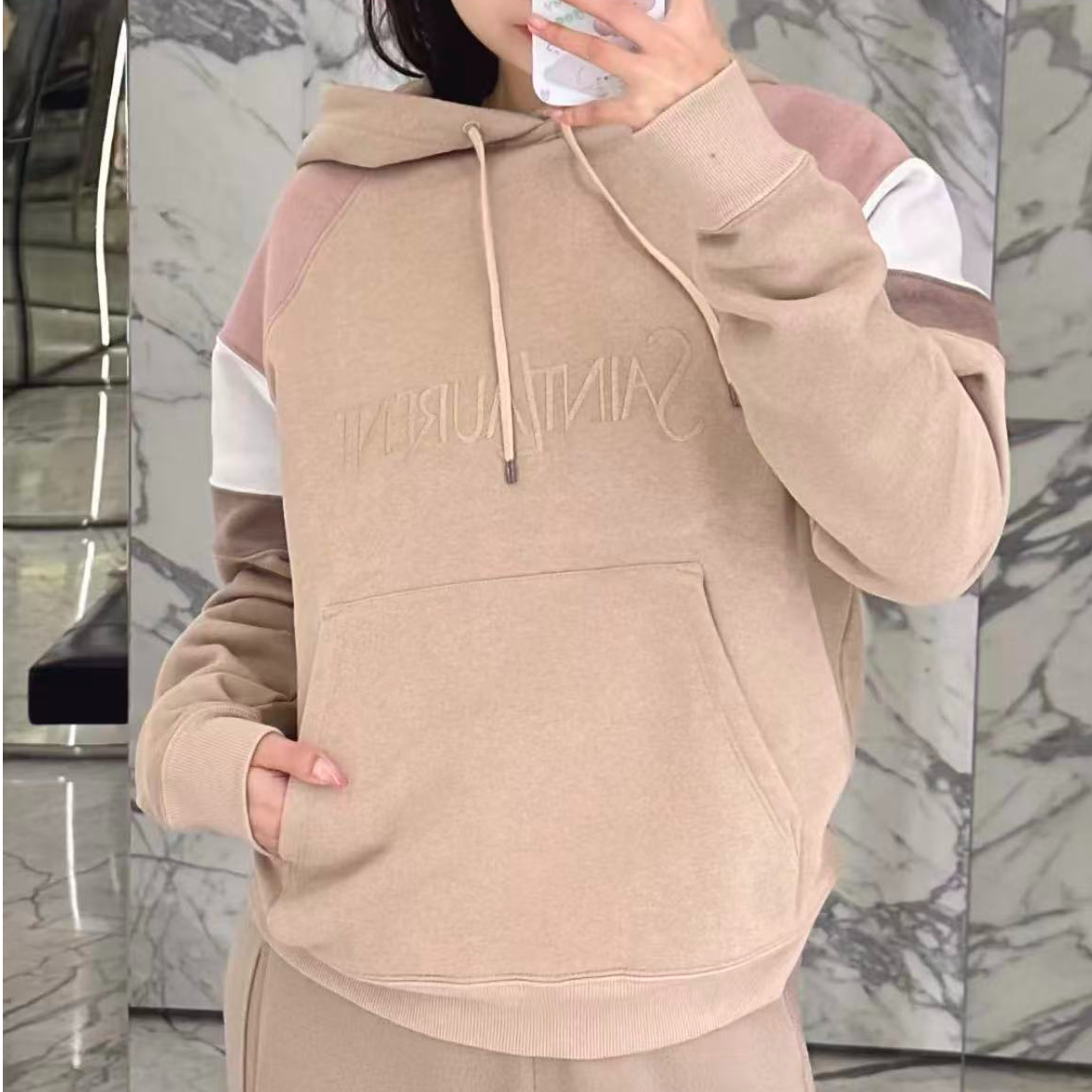 未使用 YSL/圣罗兰 Logo刺绣条纹连帽长袖卫衣