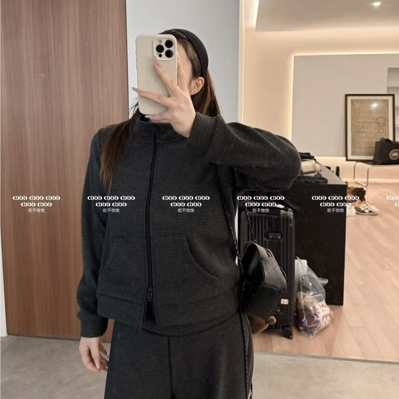 【吃不饱饱】大码 闲暇日记 细条纹休闲加绒拉链衫阔腿裤套装215