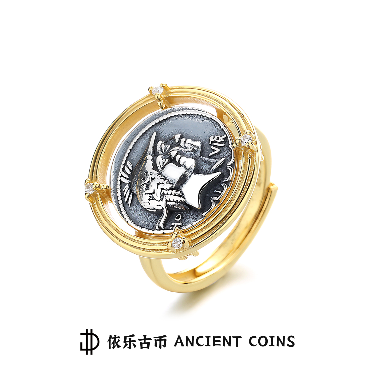 925银戒指 古罗马荣誉之神和英勇之神古币戒指开口可调节个性对接