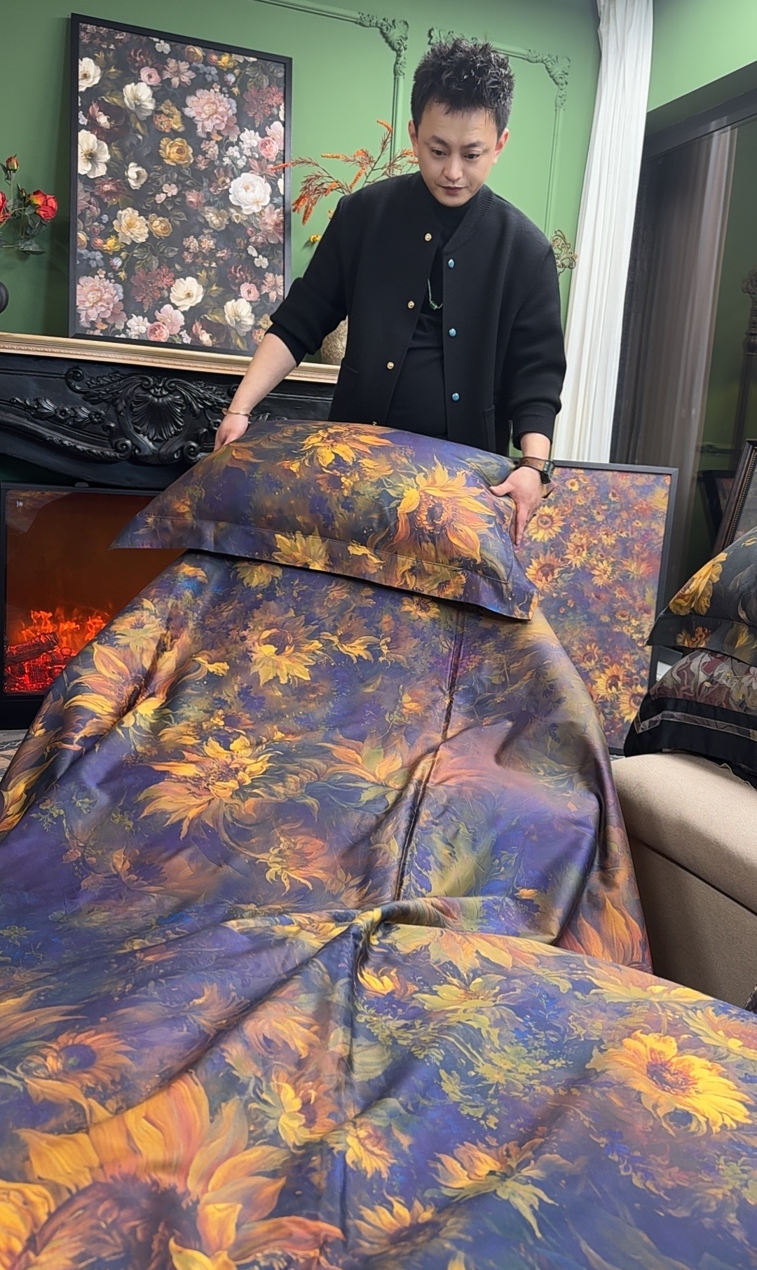 老宋精选-设计师款琉云缎系列【维米尔余晖】手绘油画风四件套-1640