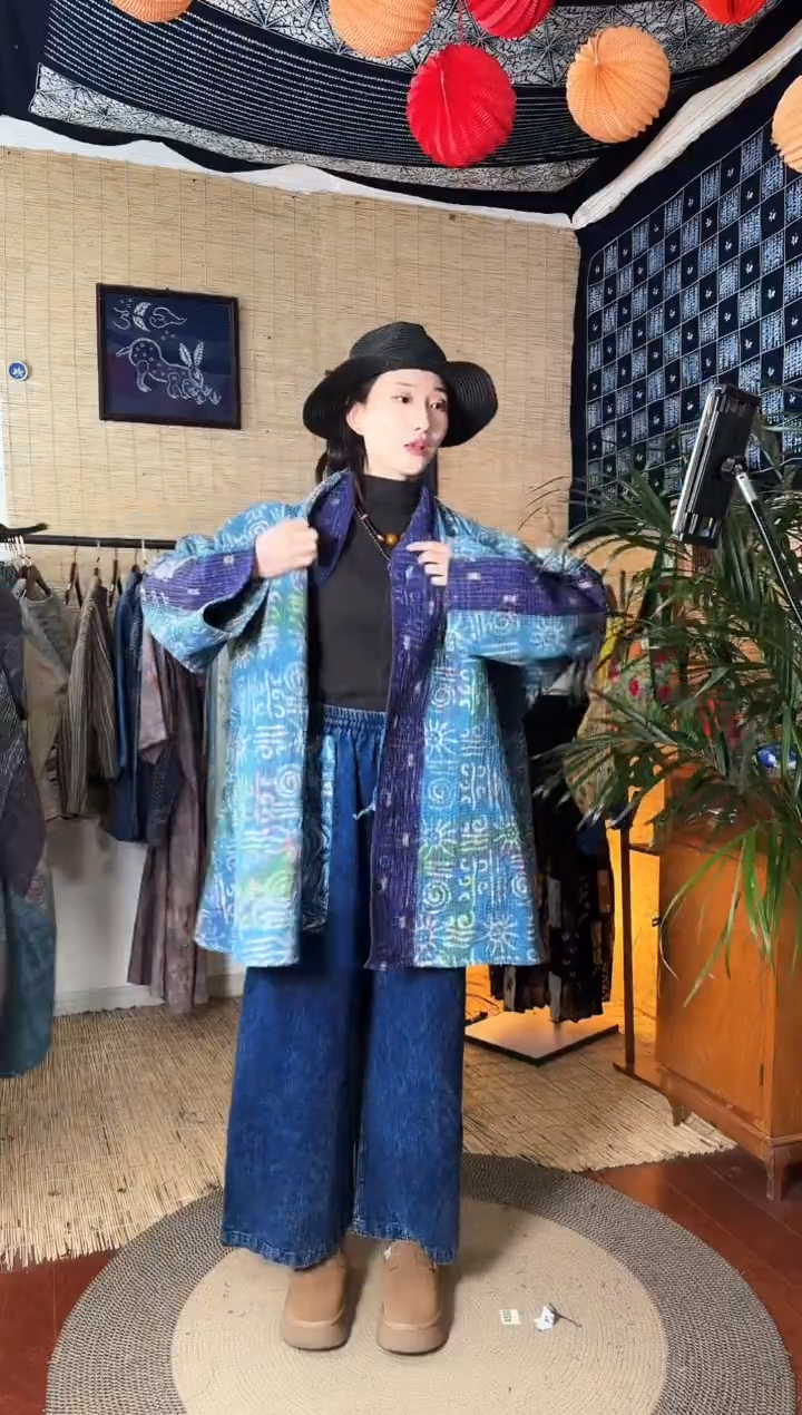 【闪购商品】设计师款紫蓝色古布中长外套