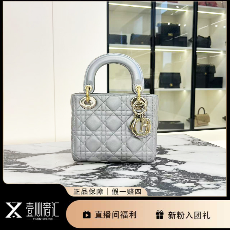 95新 DIOR/迪奥 戴妃珠光灰三格手提包（无链条）