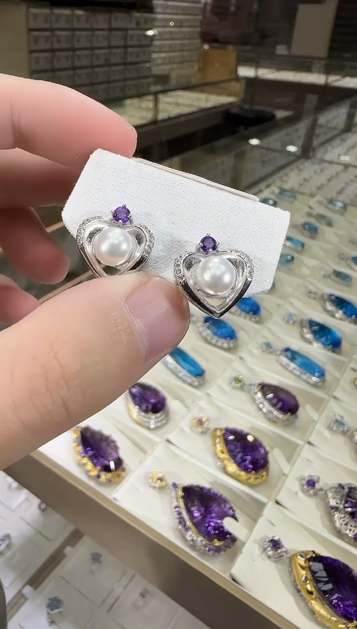 银S925镶嵌耳饰淡水珍珠耳钉6mm