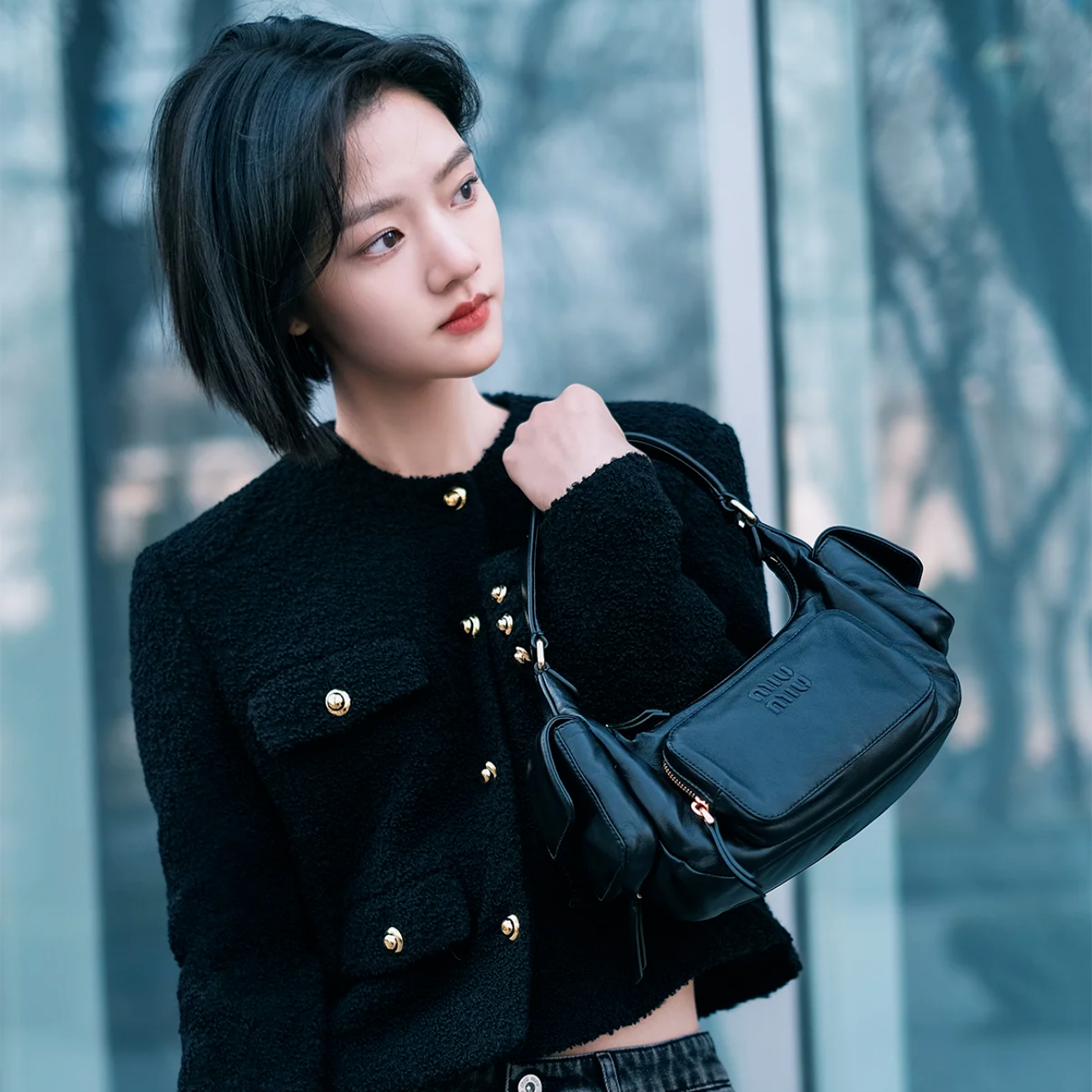 99新 MIU MIU/缪缪 珊珊活动 MIUMIU Hobo 机车包 压花刻字 黑色