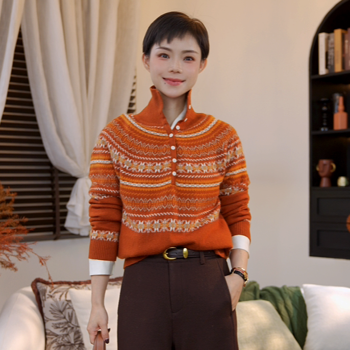 【橙蜜客】花漾秘境 复古提花纽扣设计民族冬暖针织毛衣2554M000606