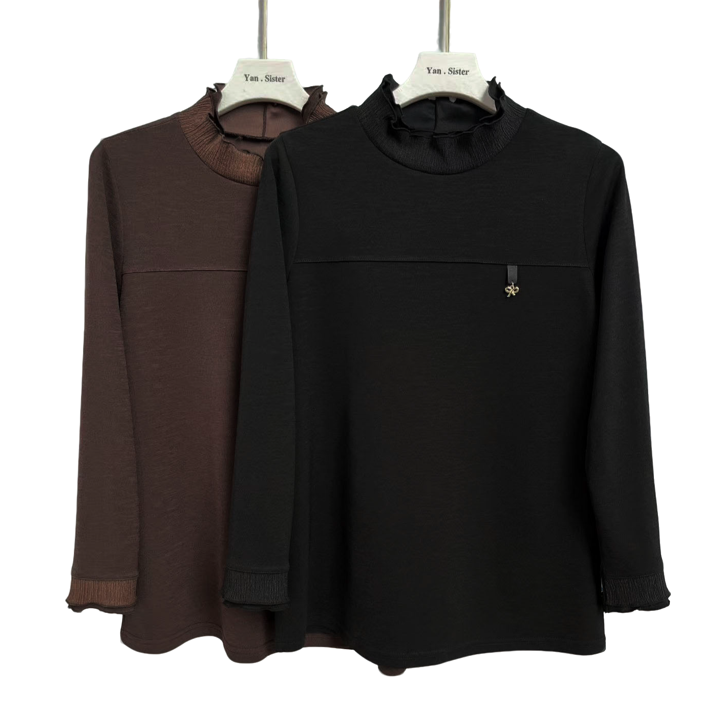 【延家3】韩国秋季新款木耳领拼接蝴蝶结吊坠百搭时尚女士打底上衣