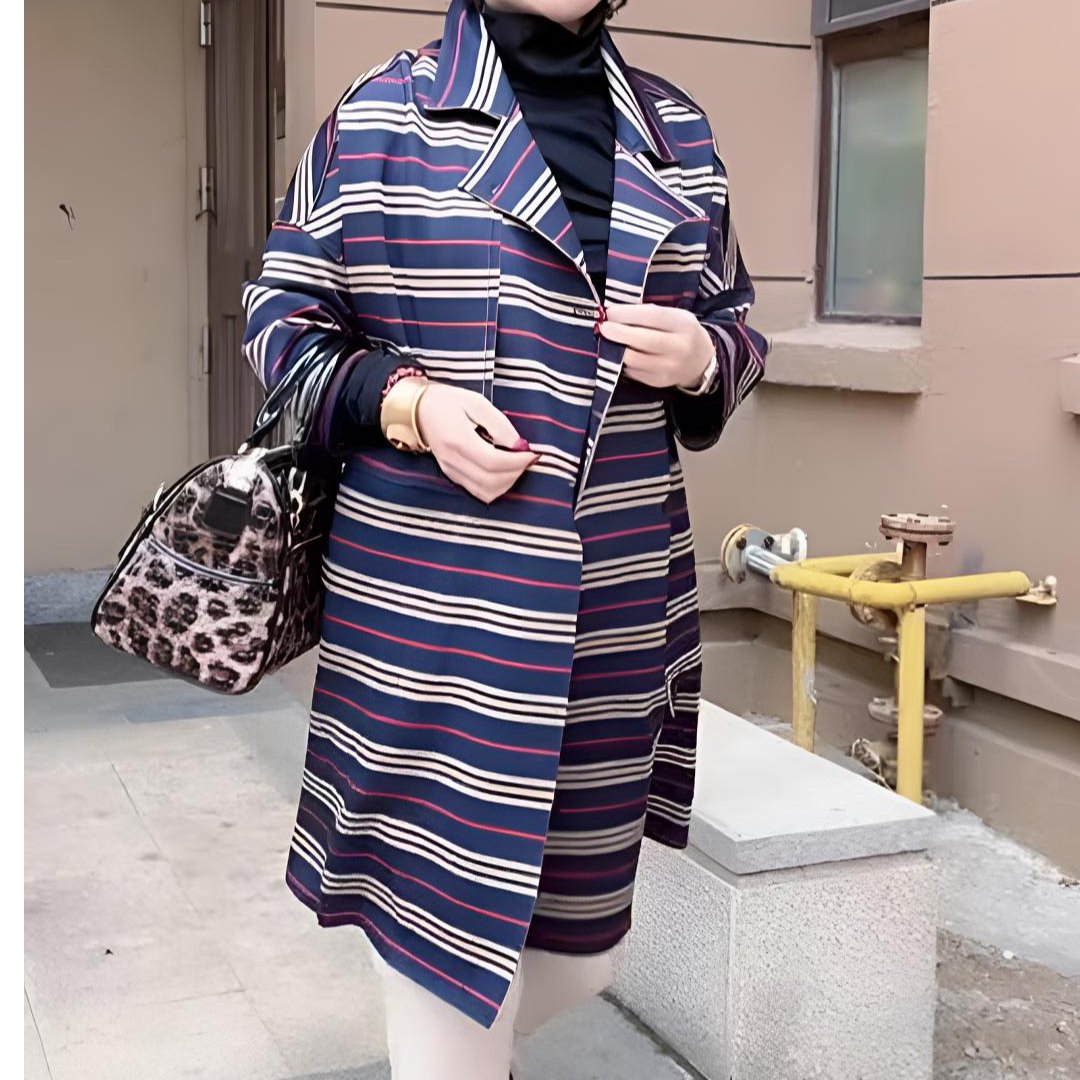 简约百搭宽松中长款条纹风衣女欧洲站2025秋季新款时尚休闲外套