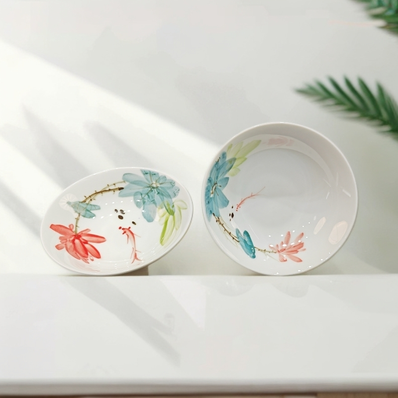 小饭碗五彩荷塘景德镇手工手绘釉下彩（直径15cm 高4.5cm）