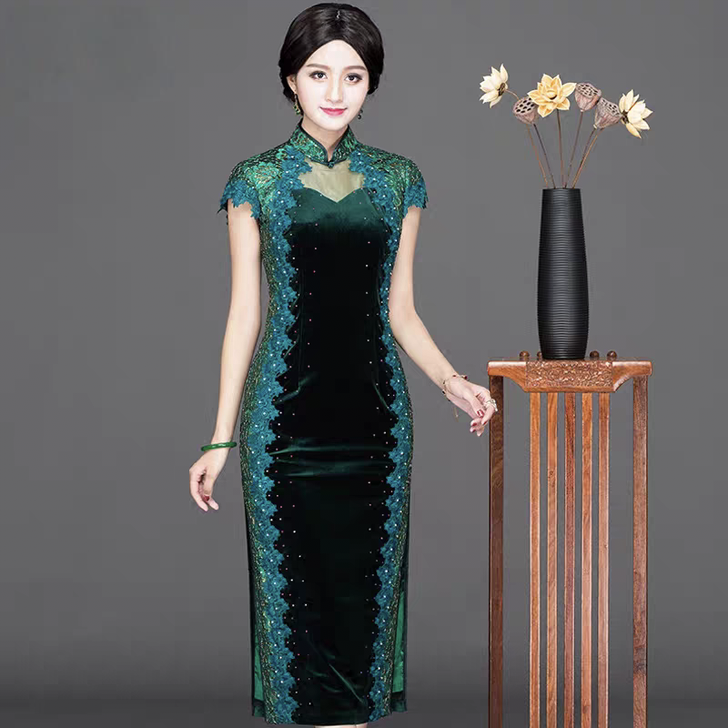 长旗袍短袖长裙复古风薄款旗袍气质喜婆婆喜妈妈