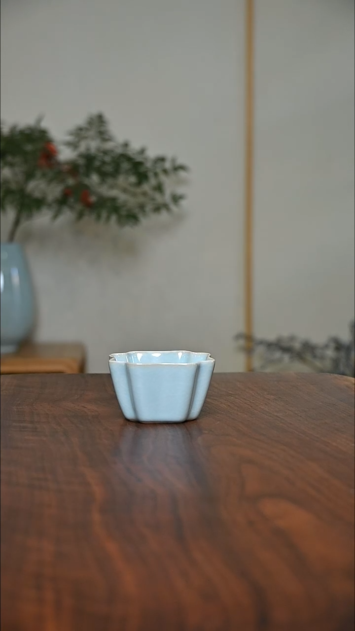 四方如意杯 天青 微瑕 朱家汝窑款
