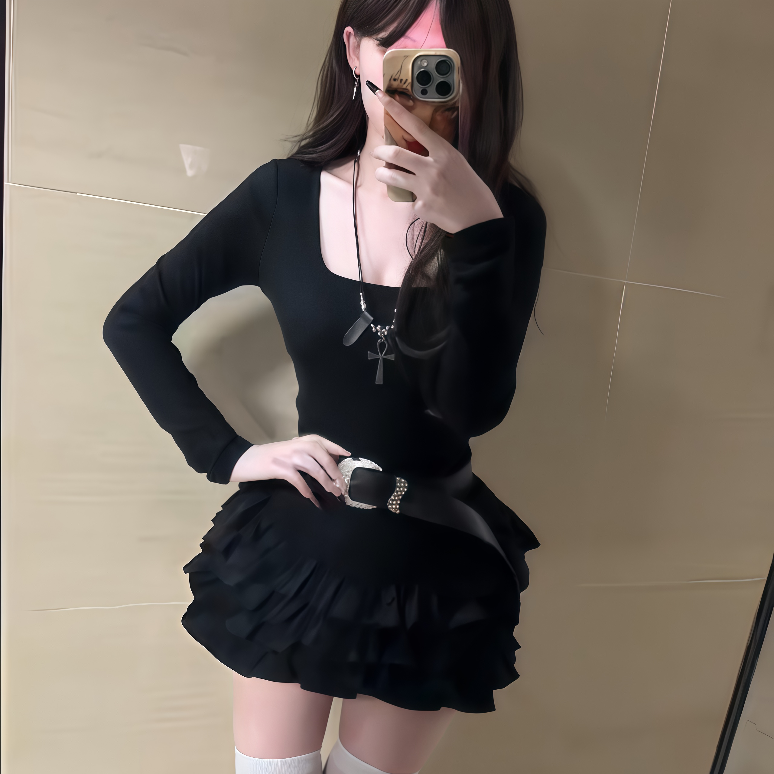 iqcq气球熊纯欲辣妹掐腰黑色花边拼接连衣裙女收腰显瘦蓬蓬蛋糕裙