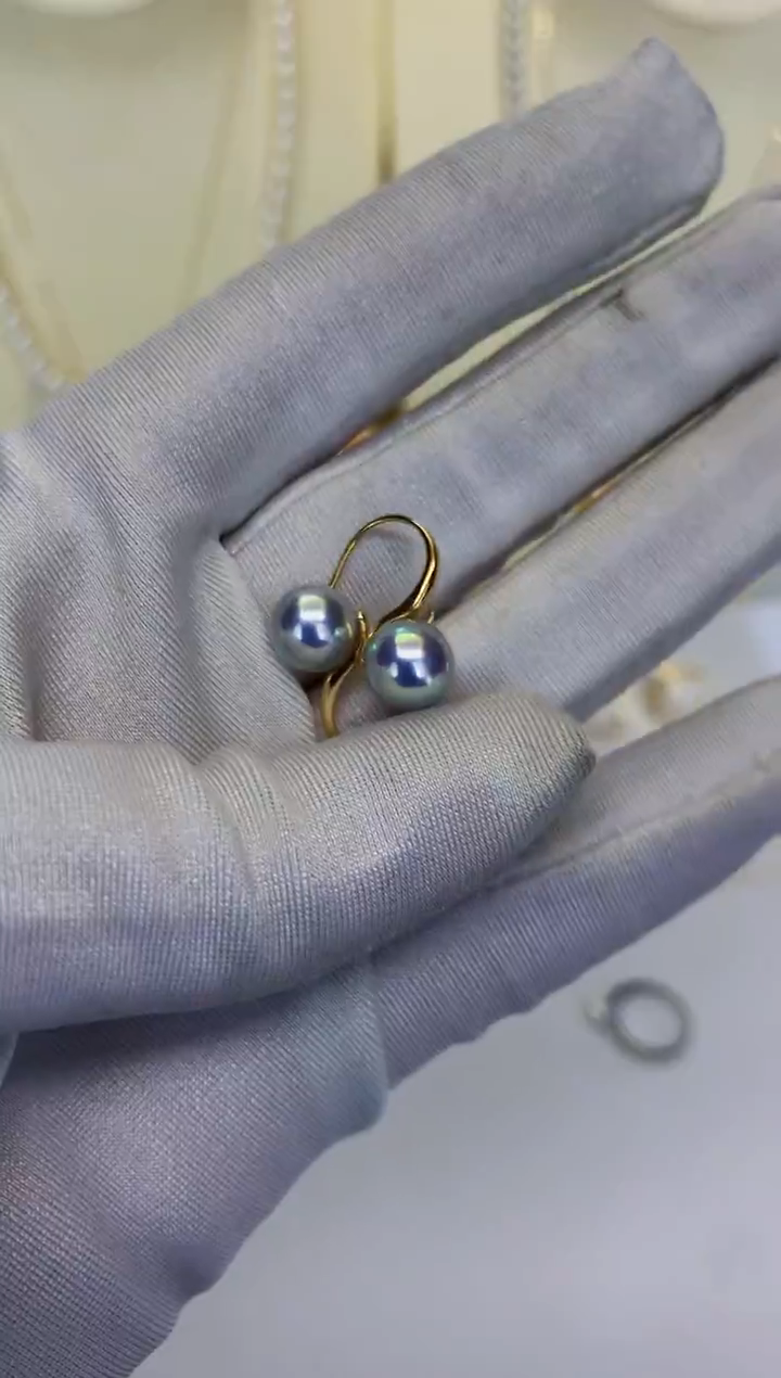 18K金镶嵌DA海水珍珠灰珠高跟鞋耳钩7.5-8MM X034