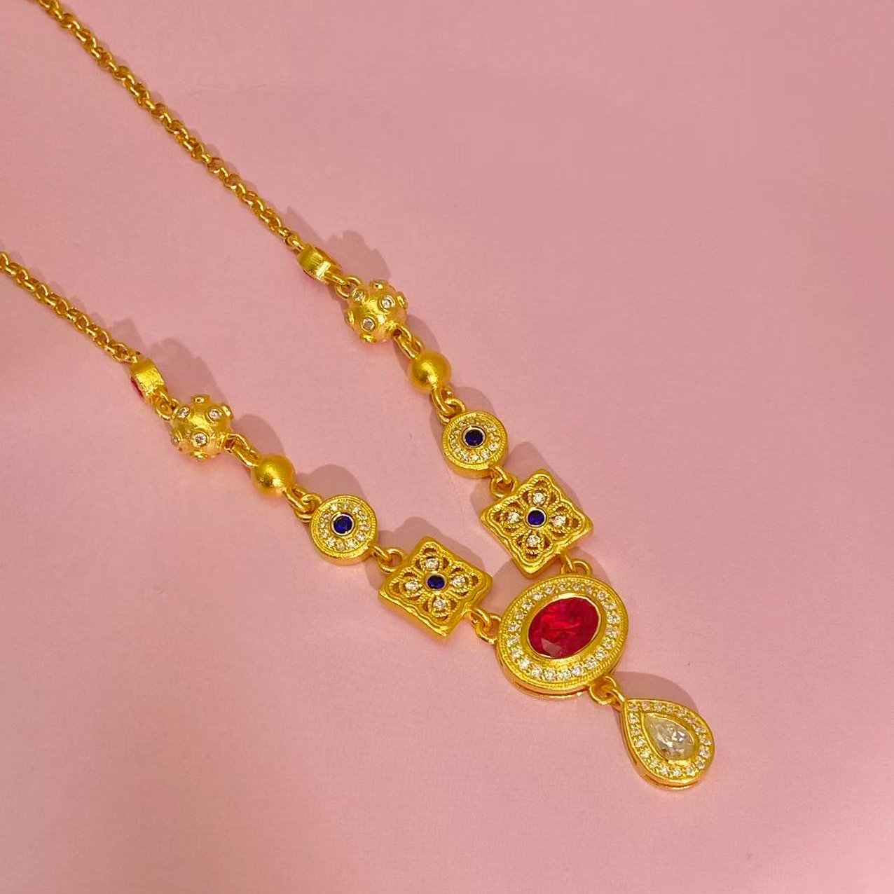 爱恋珠宝足金镶嵌水滴套链复古时尚国潮~~