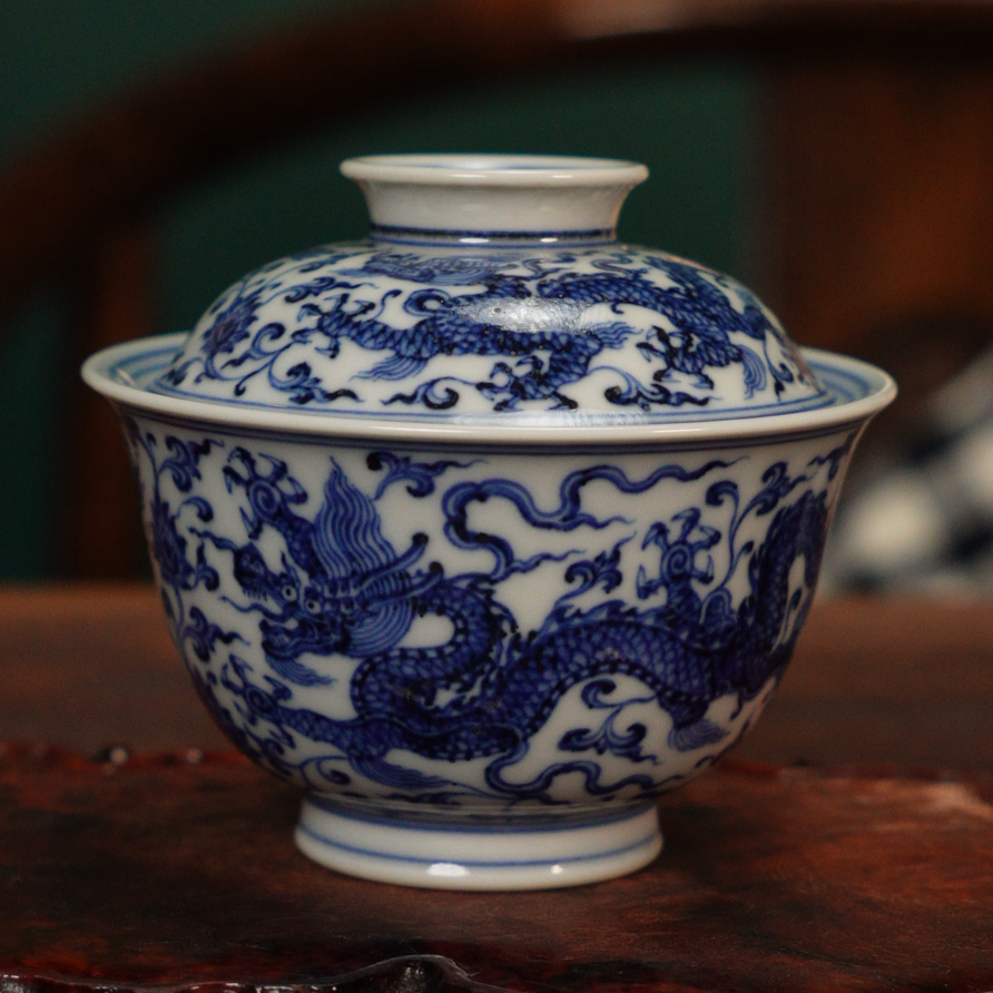 云林匠造 青花五龙元宝盖碗纯手工手绘中式家用茶具