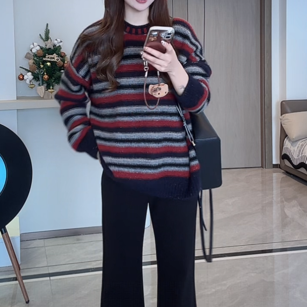 时尚INS风潮松弛感宽松超好看撞色横条纹毛衣冬季新款套头针织衫