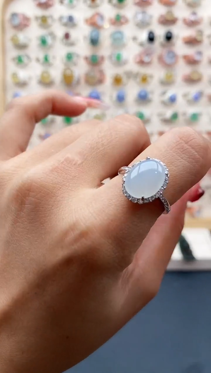 【闪购商品】翡翠戒指银S925镶嵌缅甸天然A货翡翠222 6+10