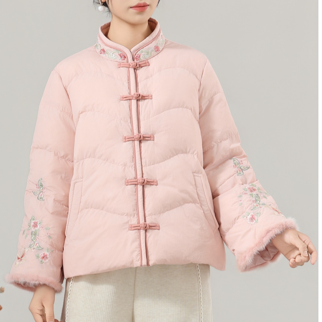 多金冬季新式女士羽绒中国风短款女立领女绣花刺绣复古保暖民族风
