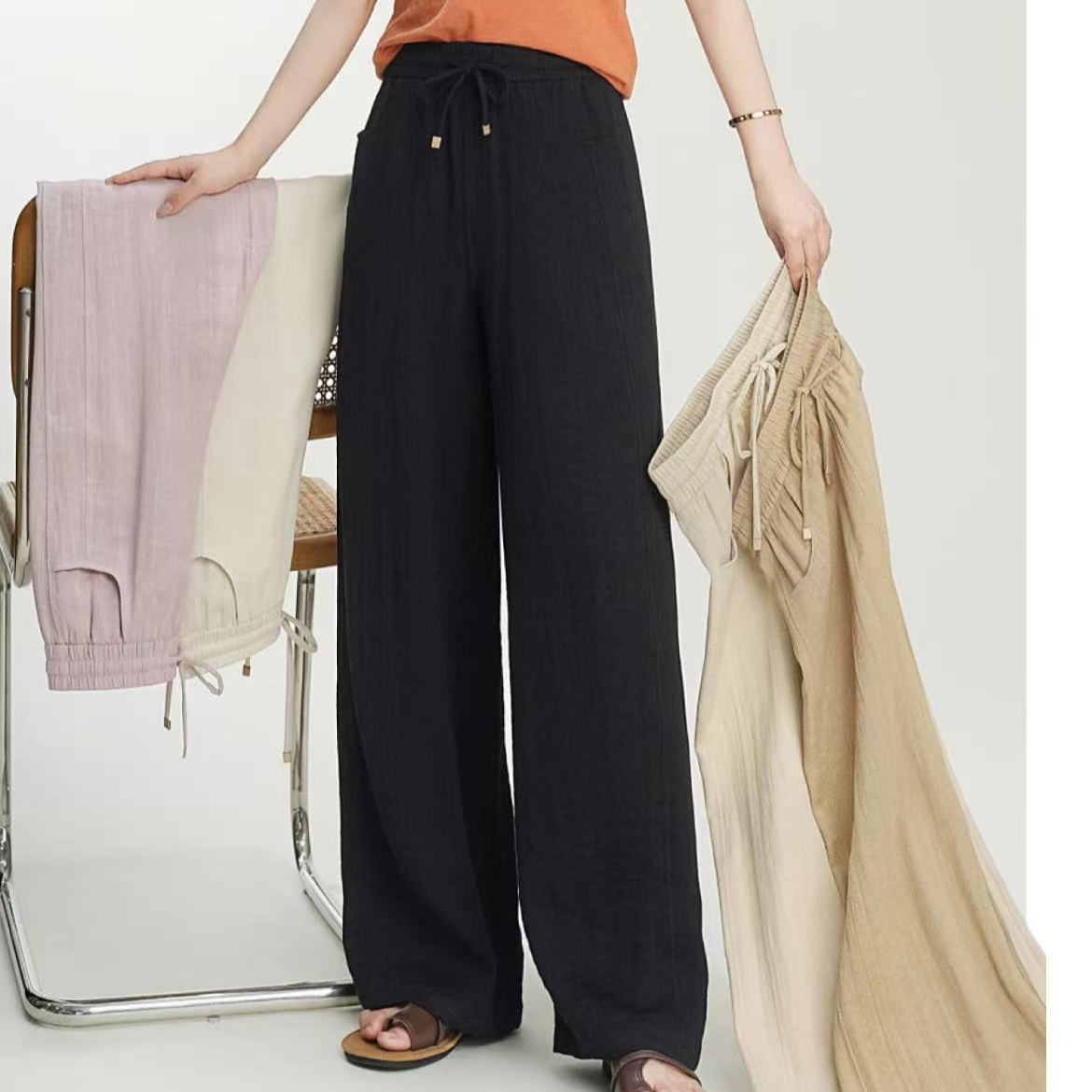 春夏新款爆款高端天然泡泡麻窄版直筒裤H3948